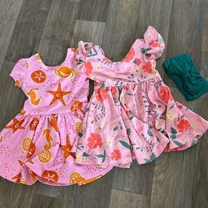 2 Organic Pink + Orange Baby Dresses- Floral or Seashell